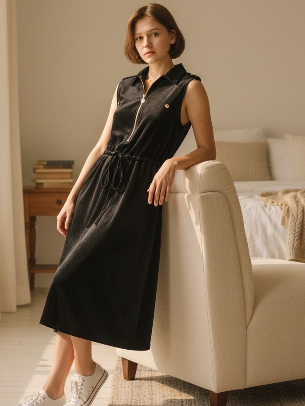 Anne Klein Black Sleeveless Midi Dress Gold Zip Waist Tie 2X Plus Size - Picture 2 of 10